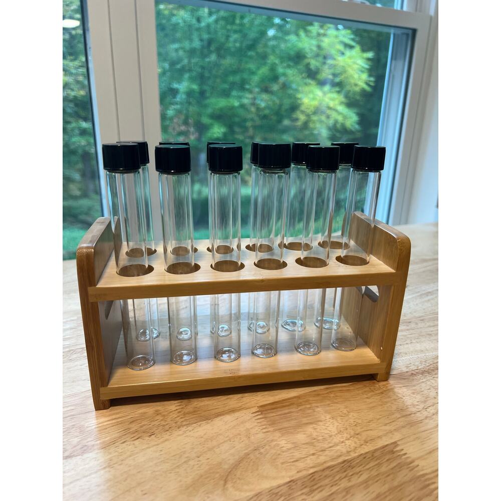 12 Capped Glass Test Tubes with Wood Stand Display Rack Science Lab Testing